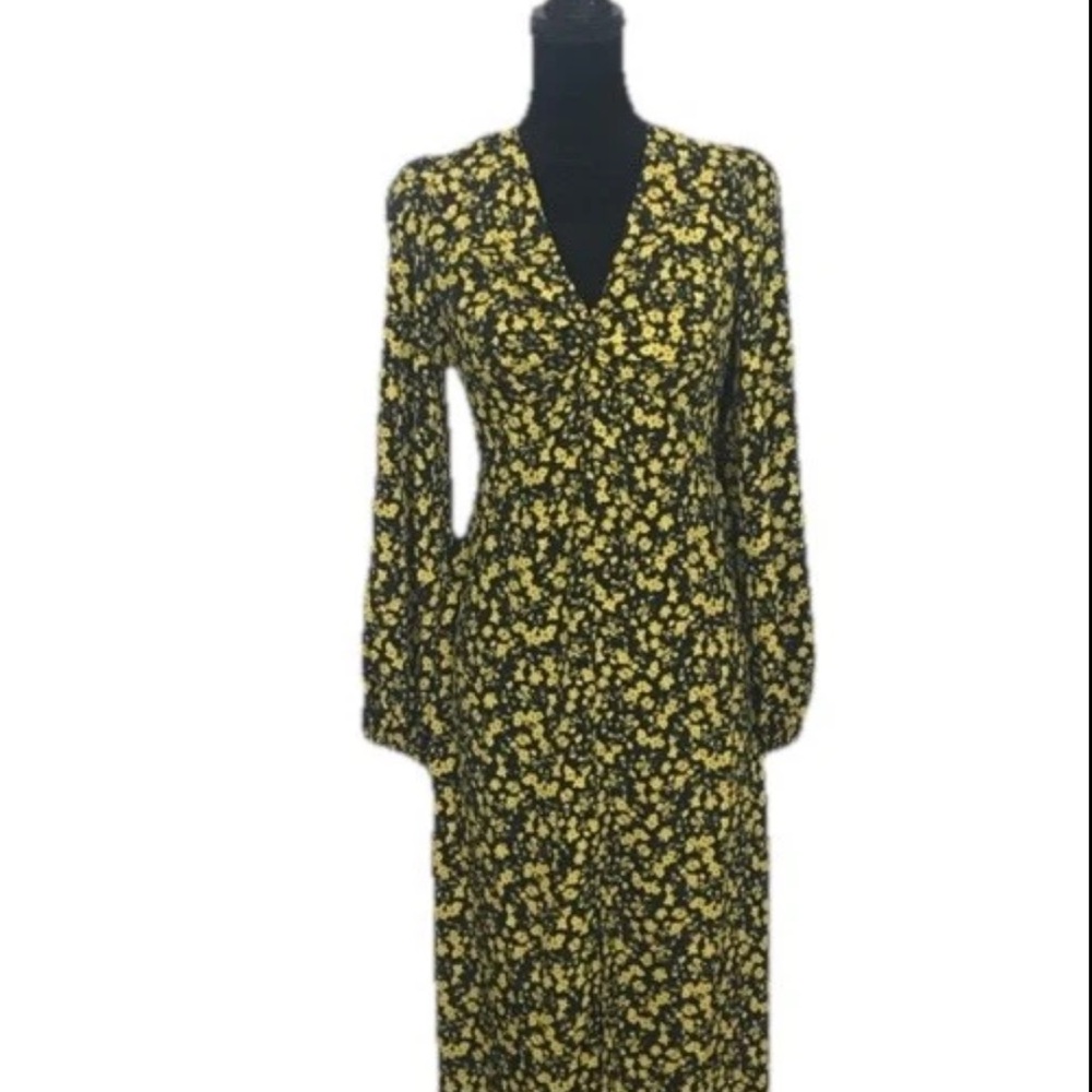 NWT Topshop Floral Godet Twist Back Long Sleeve Midi Dress Yellow Black Size 6 - Picture 3 of 7